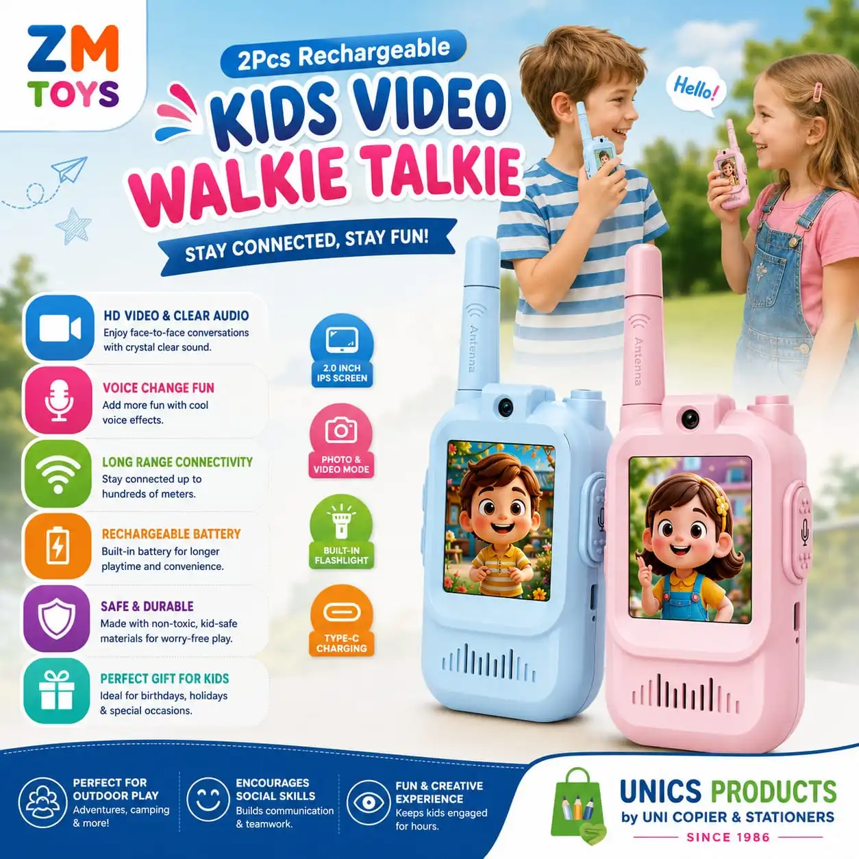 2Pcs Rechargeable Kids Video Walkie Talkie