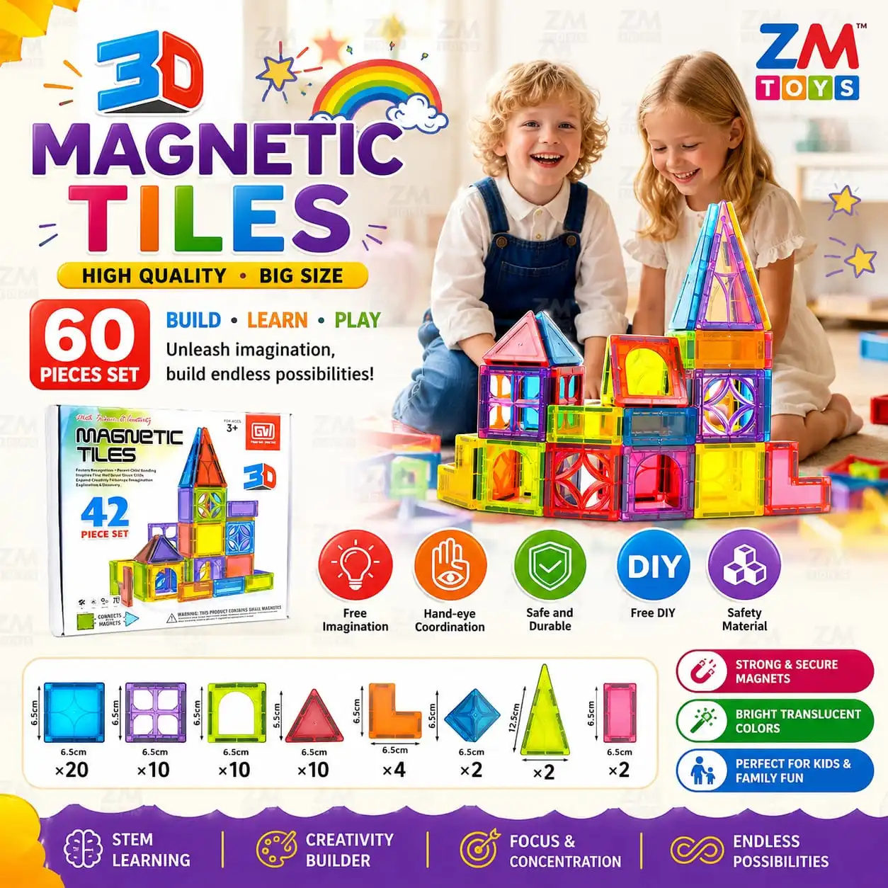 3D Magnetic Tiles – High Quality Big Size (60 Pieces Set)