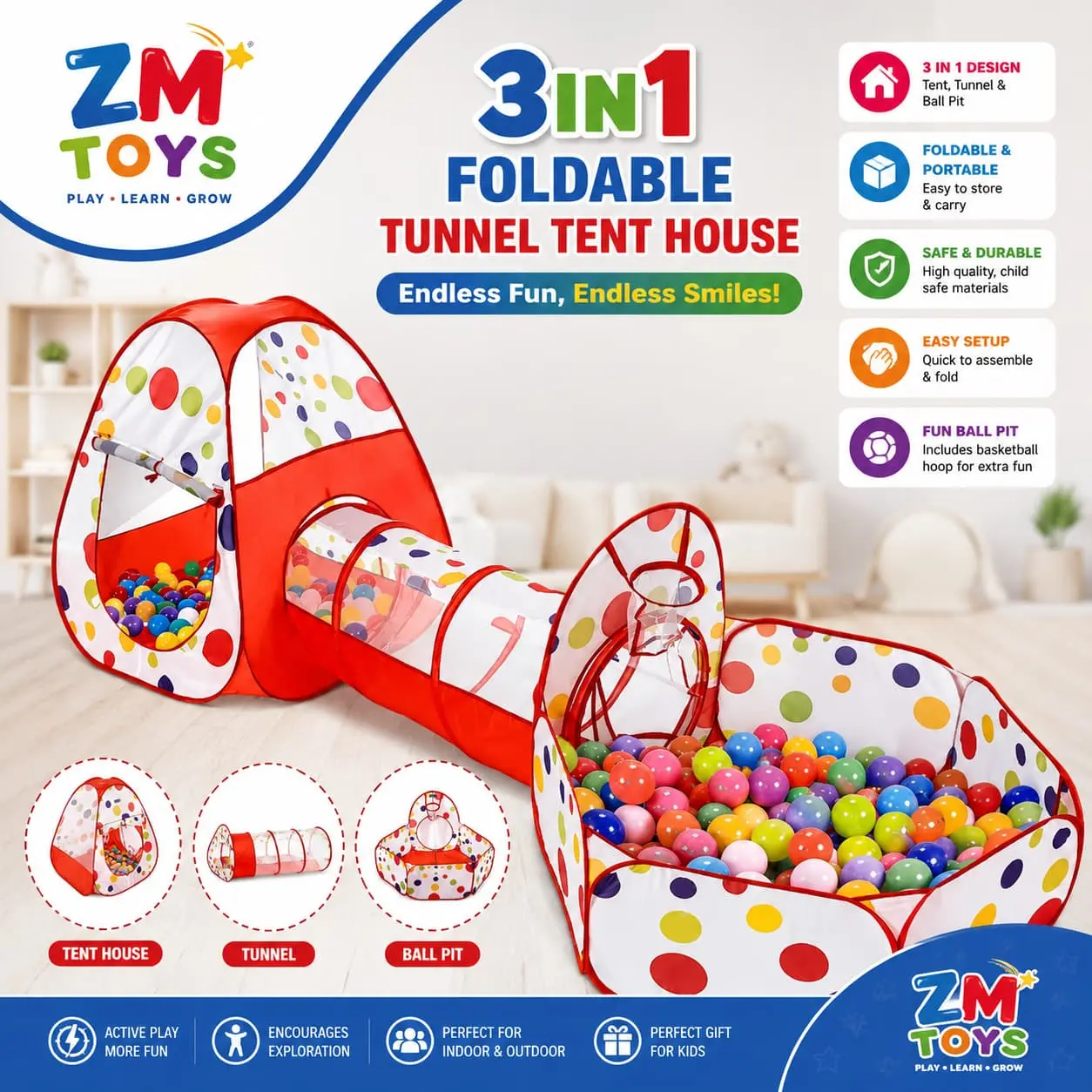 3in1 Foldable Tunnel Tent House For Kids