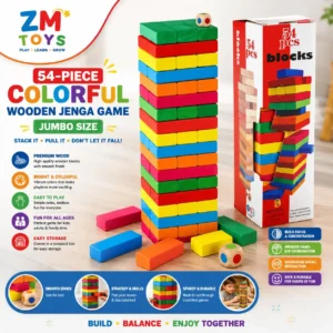 54-Piece Colorful Wooden Jenga Game – Jumbo Size