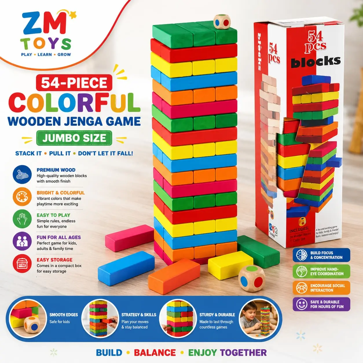 54-Piece Colorful Wooden Jenga Game – Jumbo Size