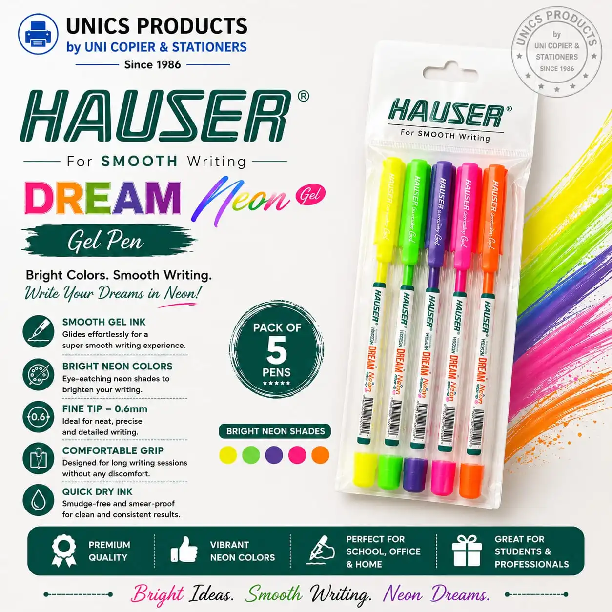 HAUSER DREAM Neon Gel Pen - 5 Colors Set