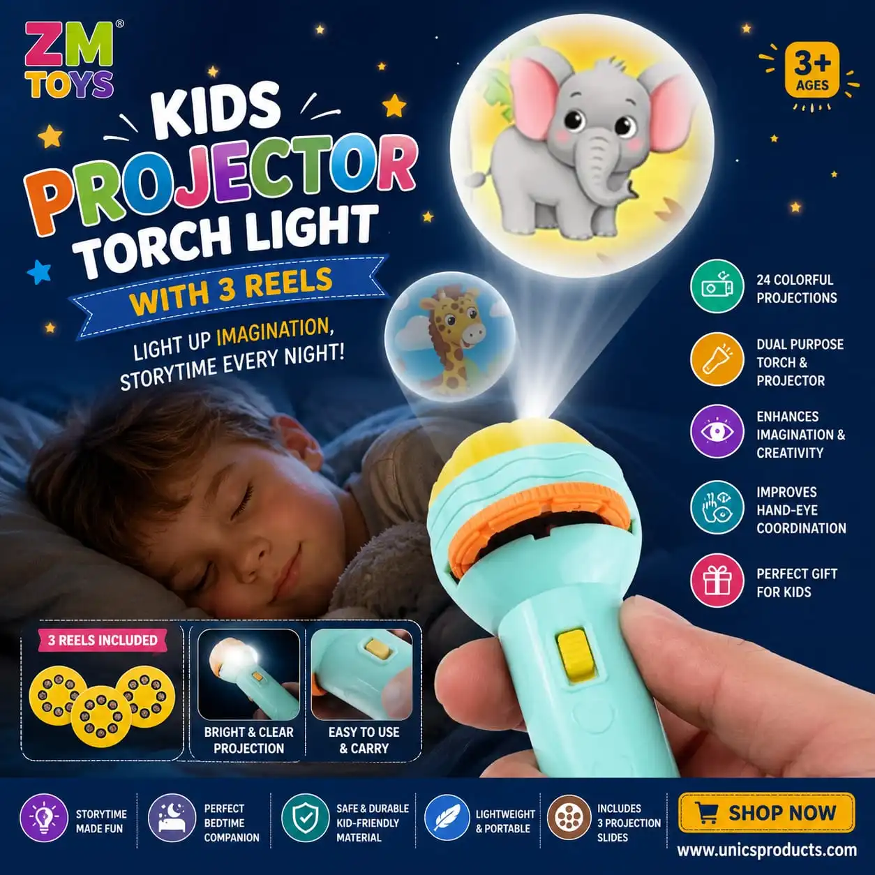 Kids Projector Torch Light with 3 Reels