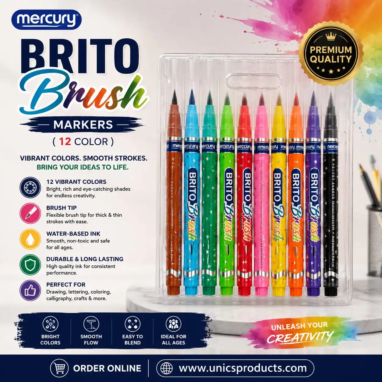 MERCURY Brito Brush Markers - 12 Colors Set