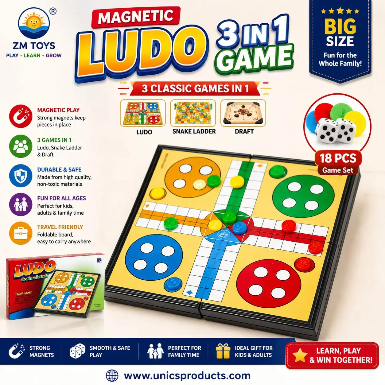 Magnetic Ludo 3 in 1 Game – Big Size