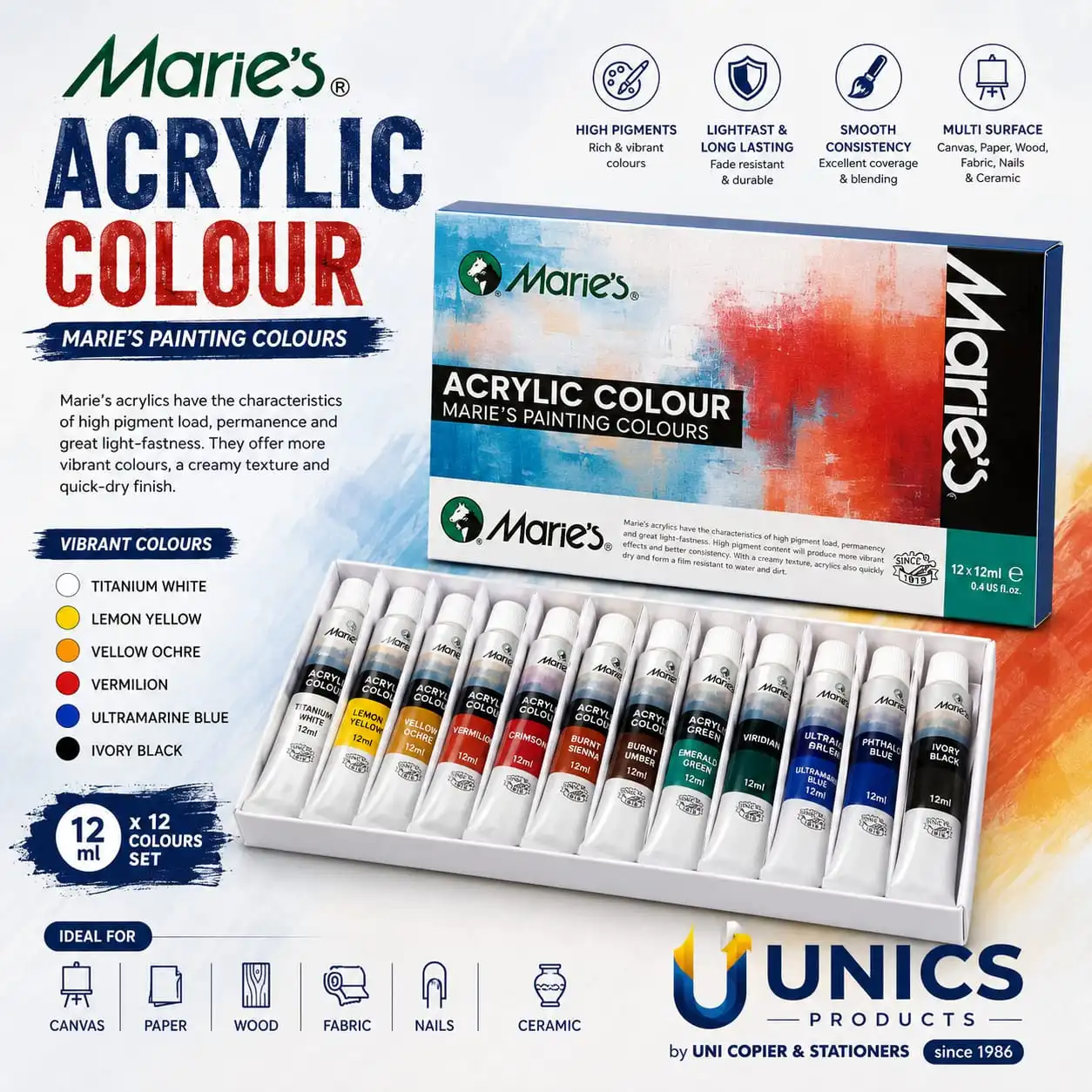 Marie’s Acrylic Color Set -12 Vibrant Colors