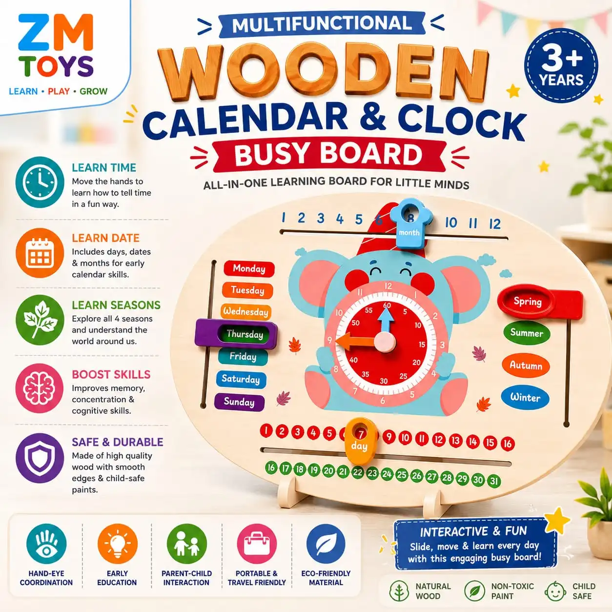 Multifunctional Wooden Calendar & Clock Busy Board