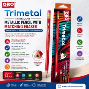 ORO Trimetal Matallic Pencils With Matching Eraser - Pack of 12