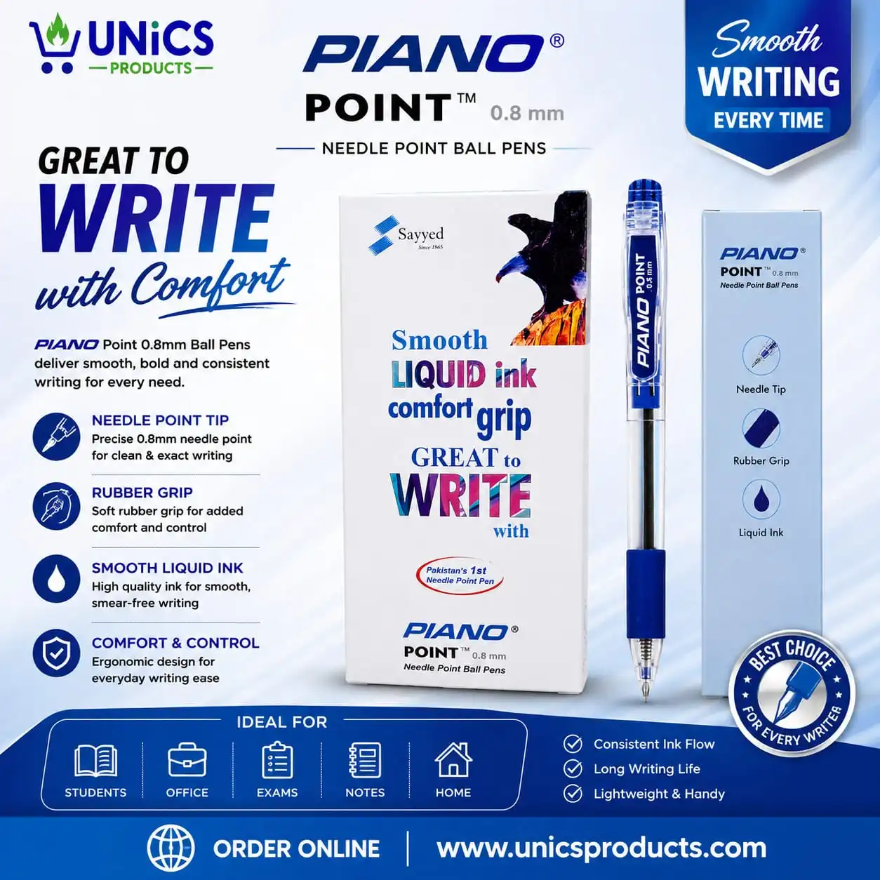 PIANO Point 0.8mm Needle Point Ball Pen - Pack of 10