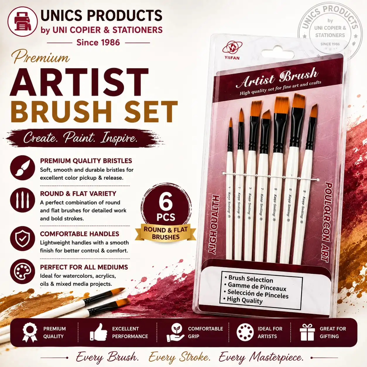 Premium Artist White Brush Set - 6 Pieces
