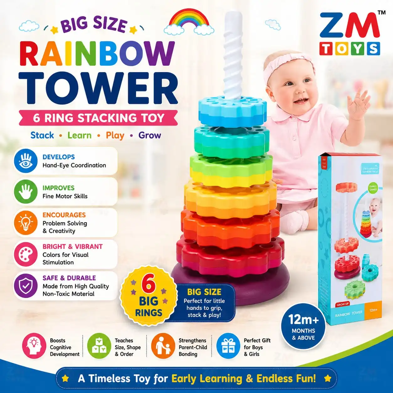 Rainbow Tower – 6 Ring Stacking Toy Big Size