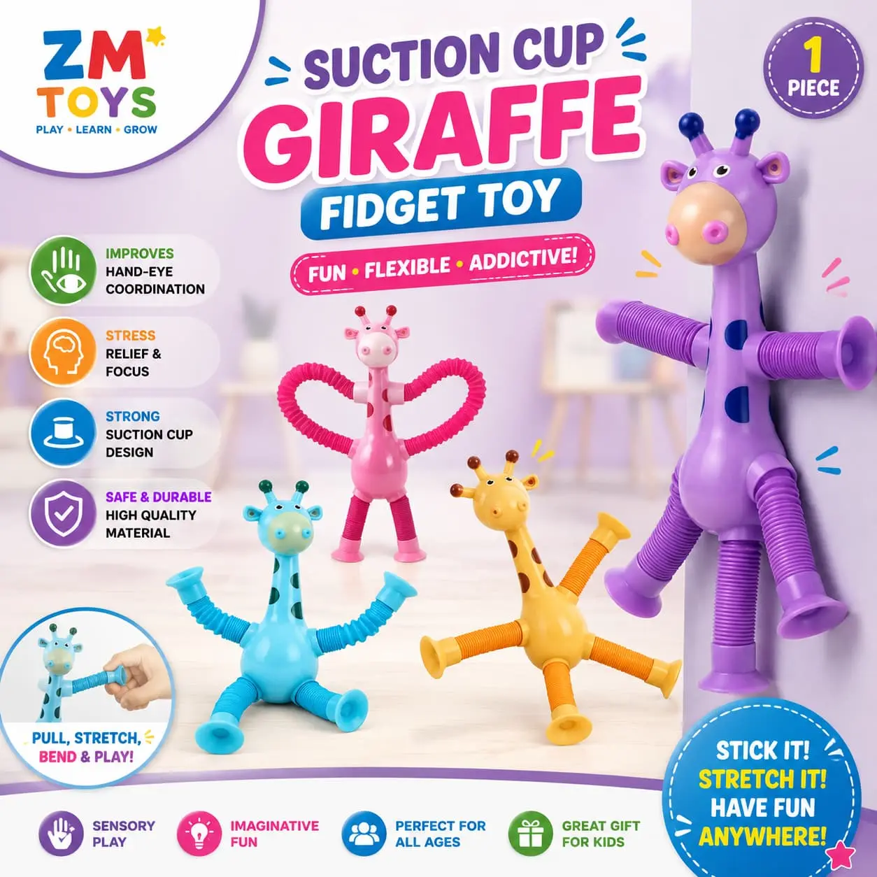 Suction Cup Giraffe Fidget Toy – 1 Piece