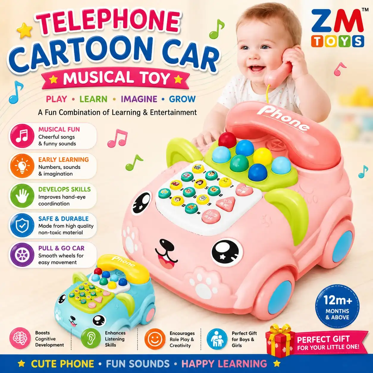 2 IN 1Telephone Cartoon Car Musical Toy
