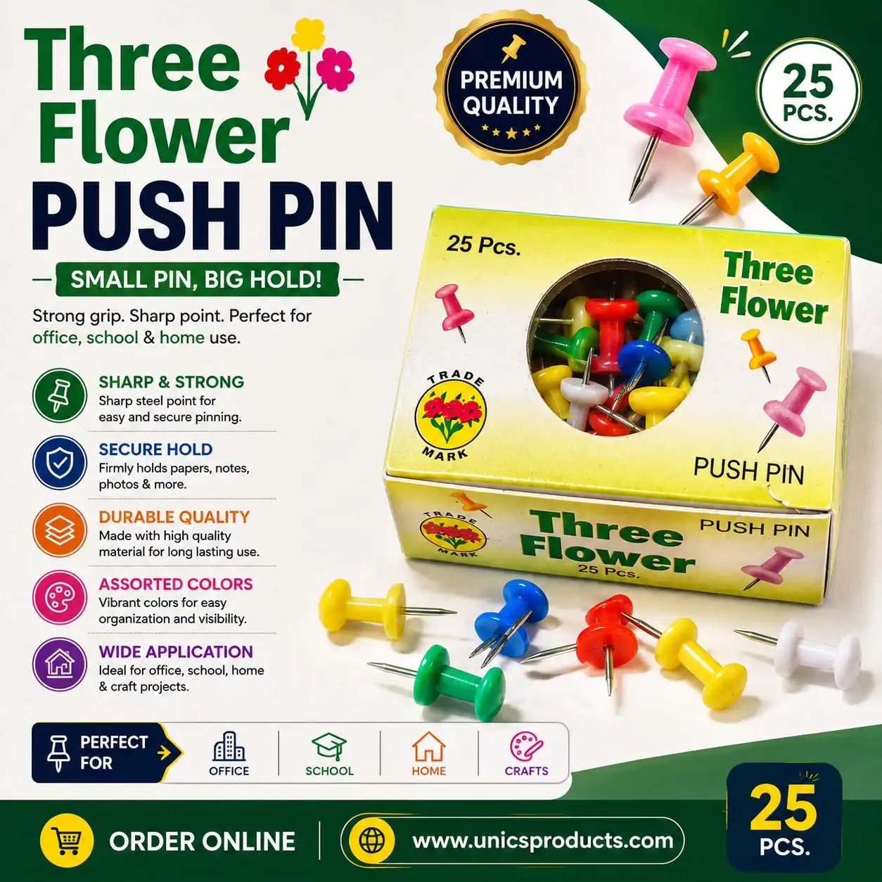Three Flower Push Pin - 25-Pieces