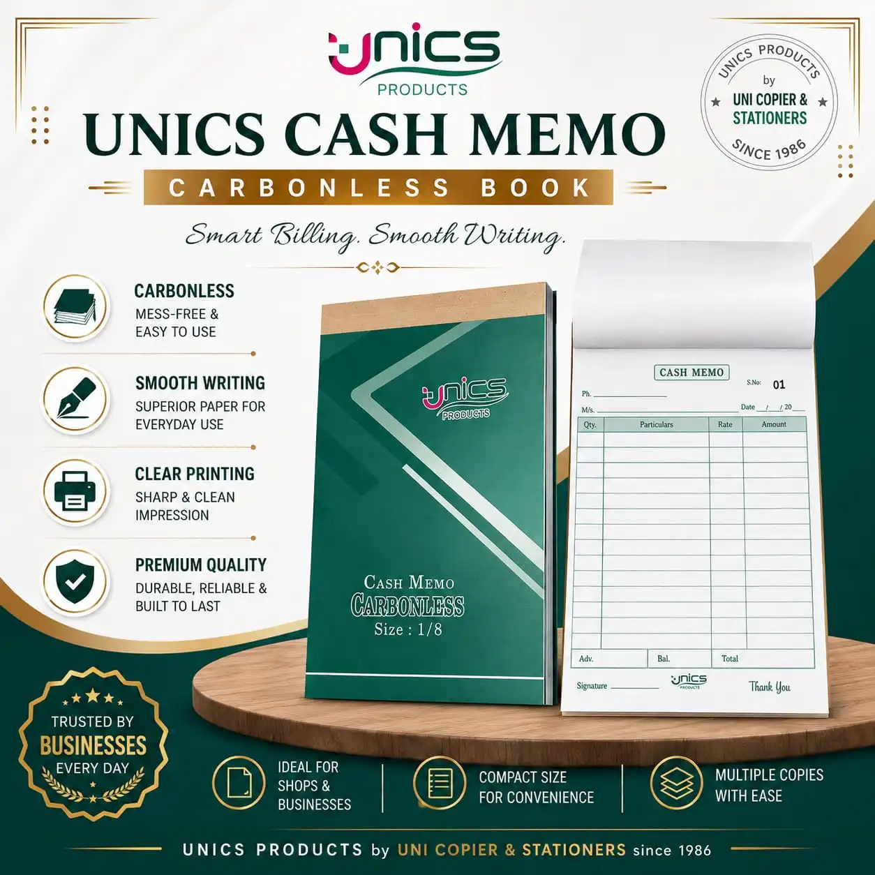 UNICS Carbonless Cash Memo Book (1/8 Size)