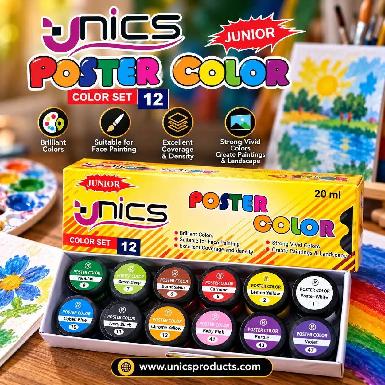 UNICS Poster Color Set of 12 Colors - 20ml