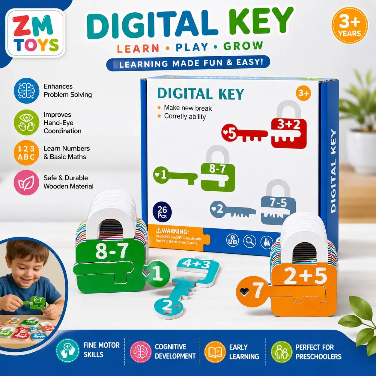 Educational Wooden Montessori Letter & Number Key Puzzle Game
