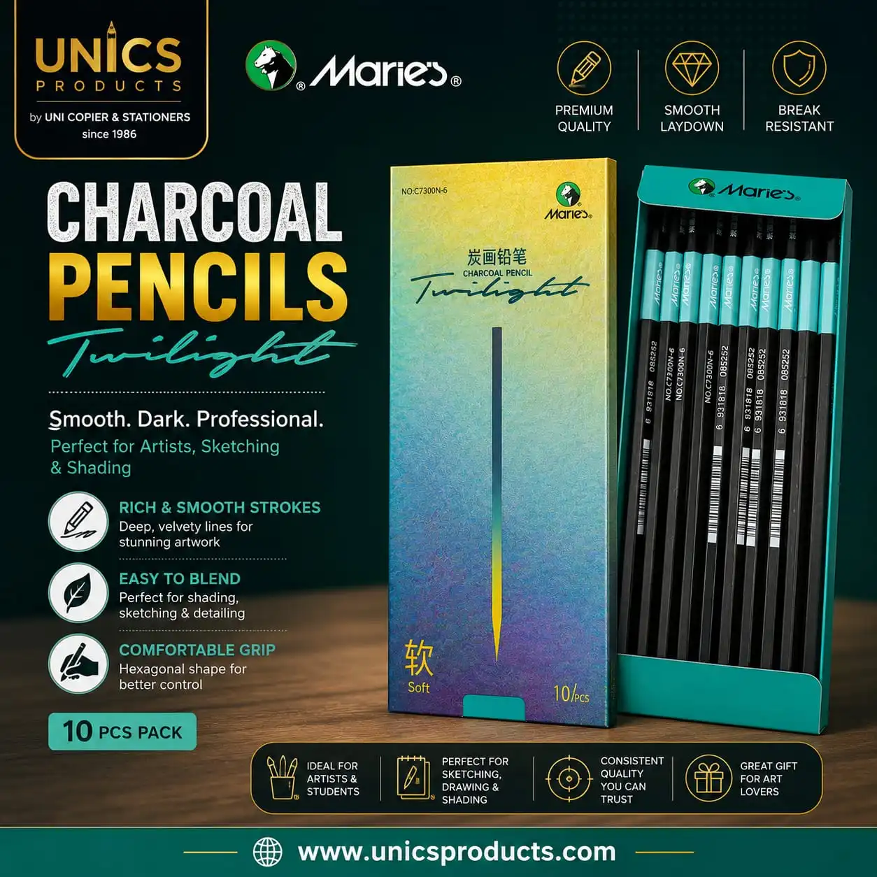Marie's Charcoal Pencils (Soft) - Pack of 10