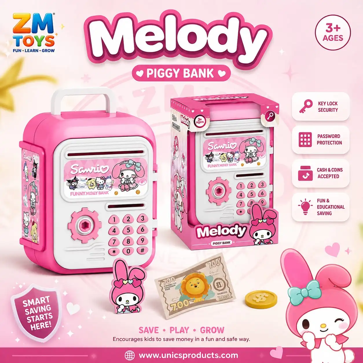 Melody Piggy Bank with Key, Cash & Coins