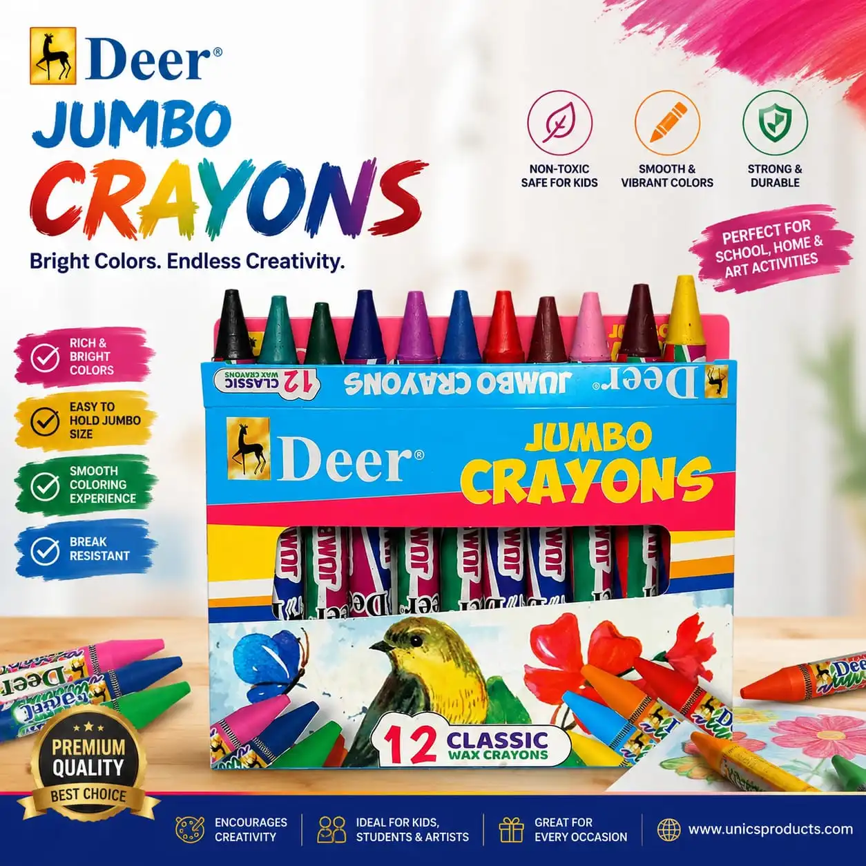 Deer Jumbo Crayons – 12 Classic Wax Crayons