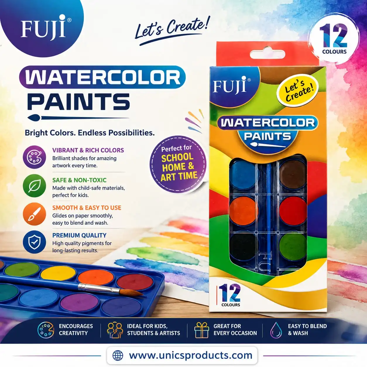 FUJI Watercolor Paints – 12 Colors Set