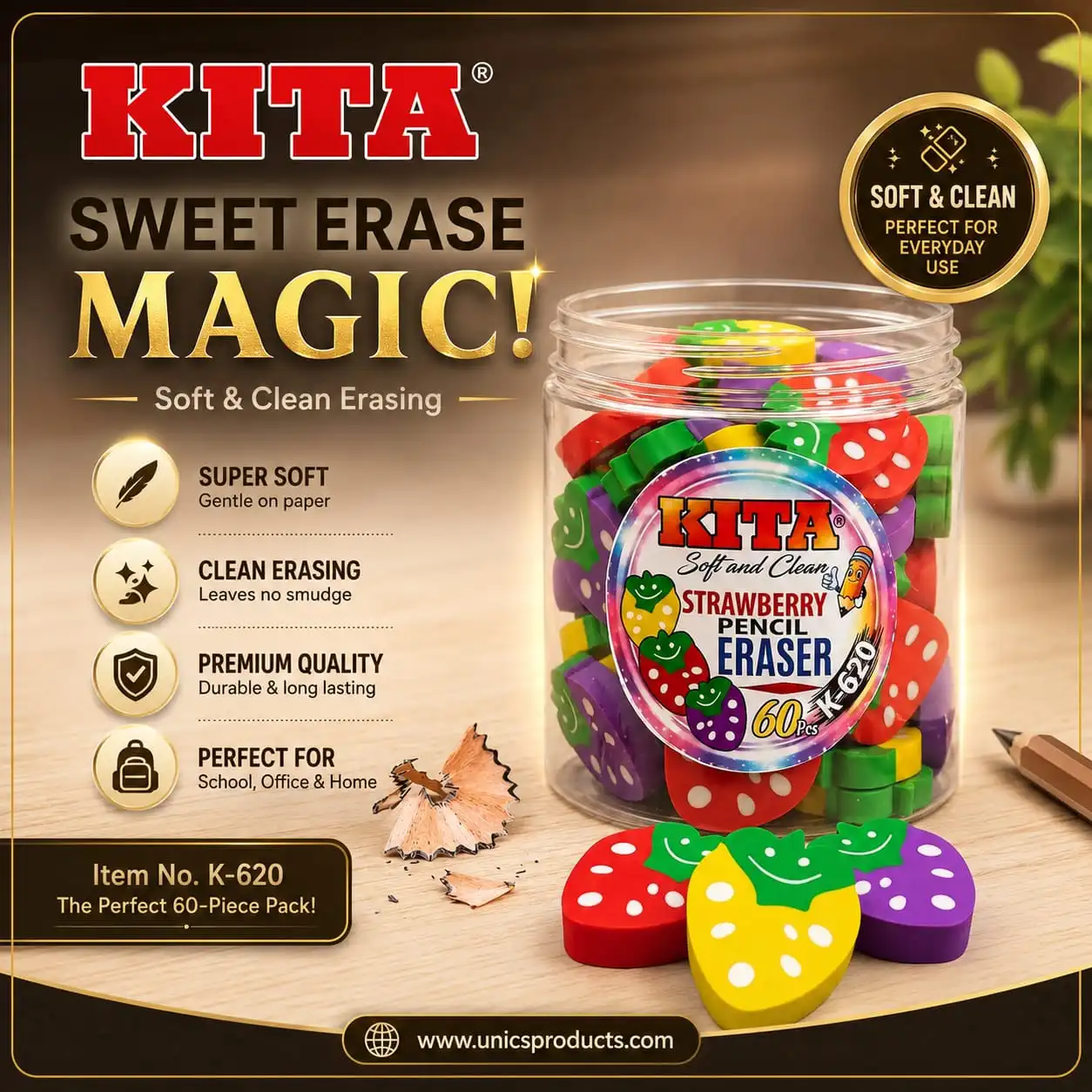 KITA Strawberry Pencil Eraser - 60 Pieces Jar
