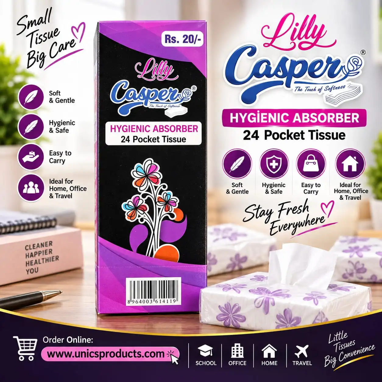 Lilly Casper Hygienic Absorber – Box of 24 Pocket Tissues