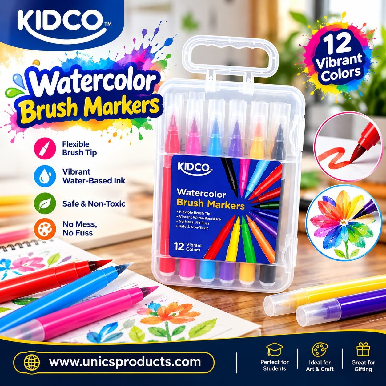 KIDCO Watercolor Brush Markers – 12 Vibrant Colors