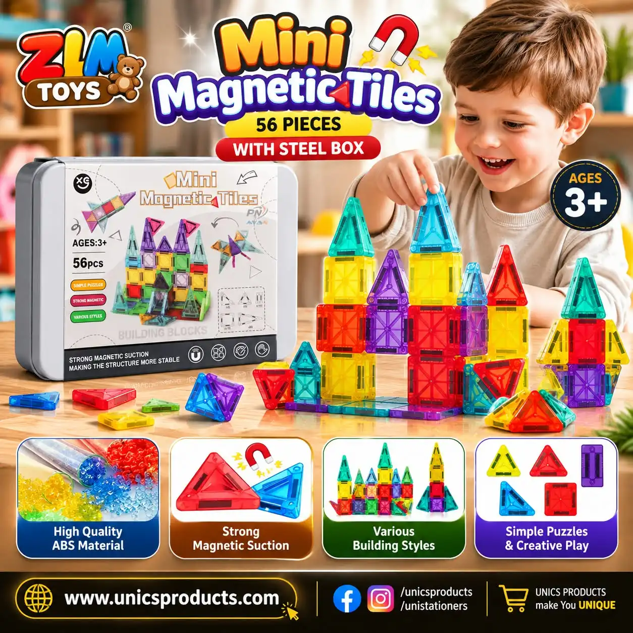 Mini Magnetic Tiles - 56 Pieces with Steel Box