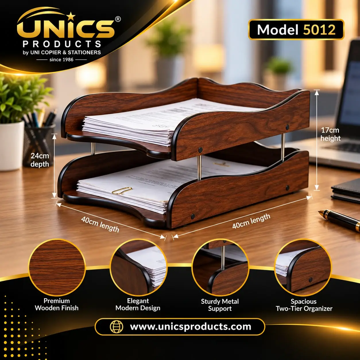 Premium Wooden 2-Tier Paper Tray – Model 5012