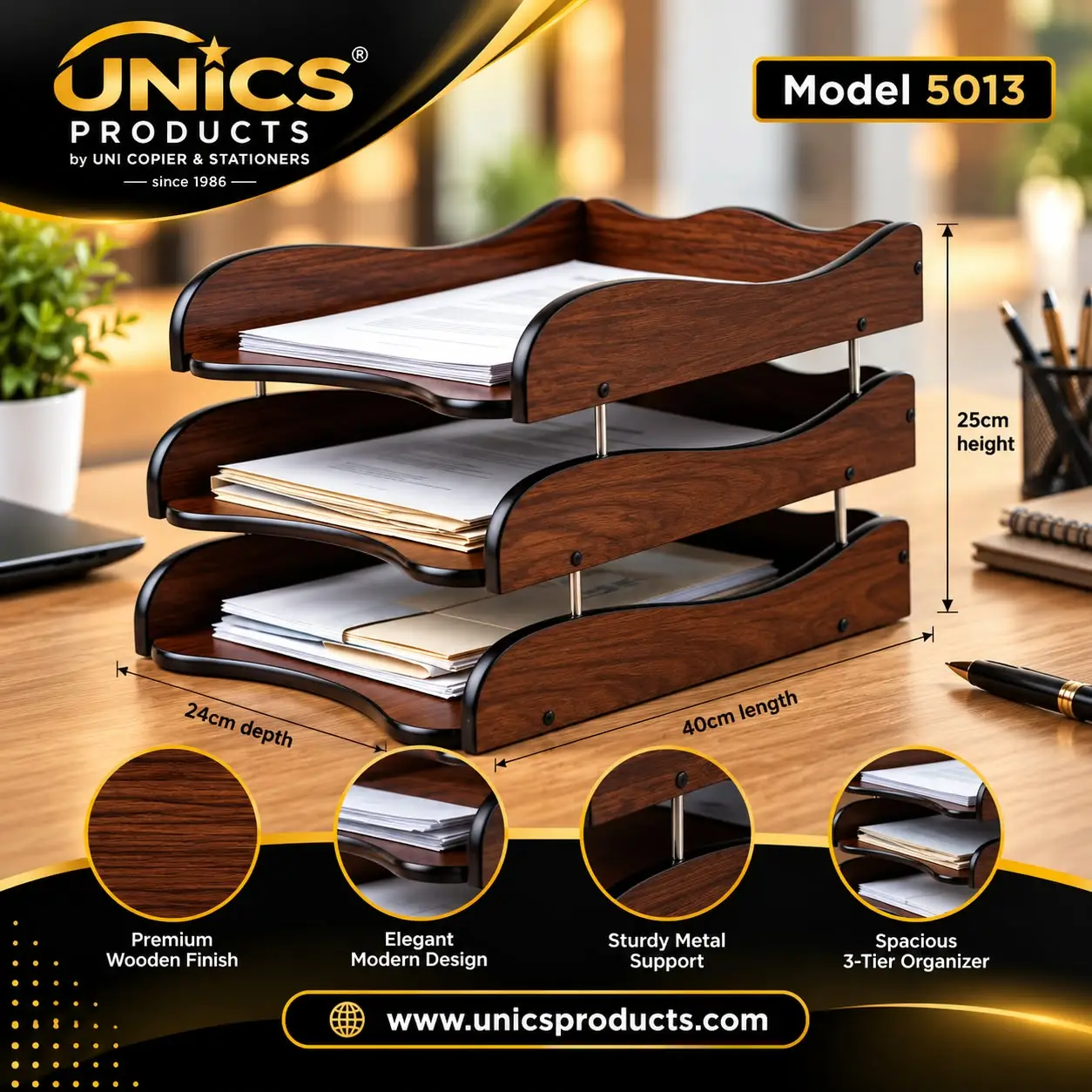 Premium Wooden 3-Tier Paper Tray – Model 5013
