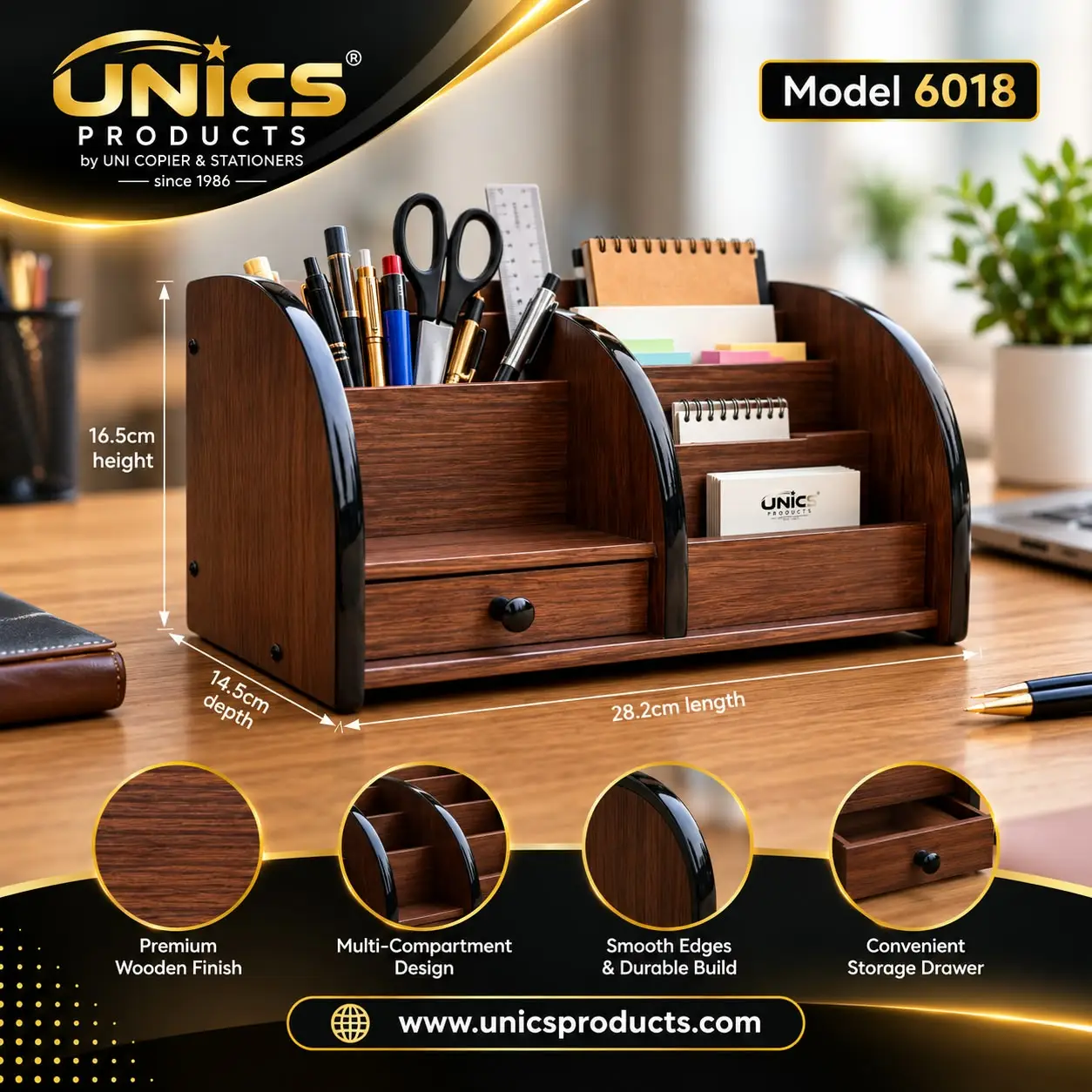 Premium Wooden Desk Organizer with Drawer – Model 6018